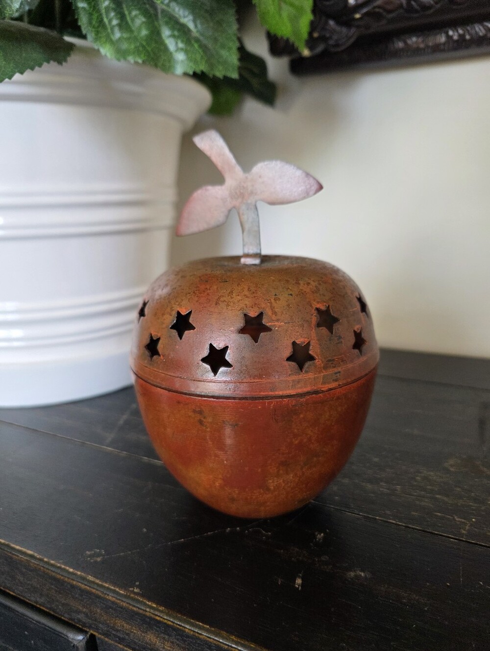 Rustic Country Cottage Primitive Autumnal Metal Apple Shaped Candle Holder